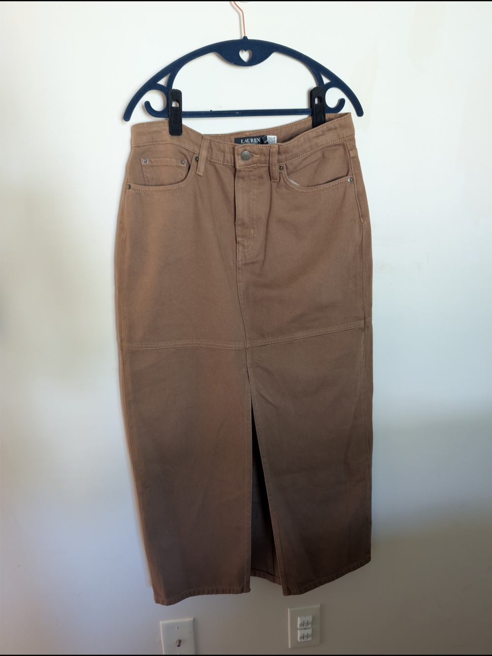 Lauren Ralph Lauren Brown Denim Maxi Skirt Front Slit Neutral Size 6